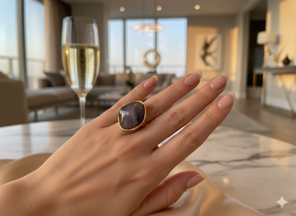 Bague dorée pierre grise – Cabochon ovale