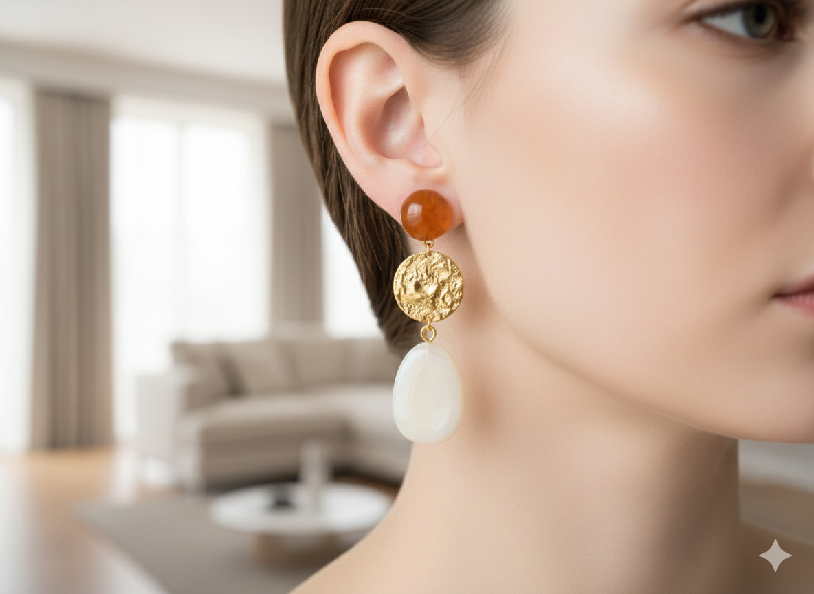 Boucles d’oreilles dorées pierre laiteuse et médaille texturée