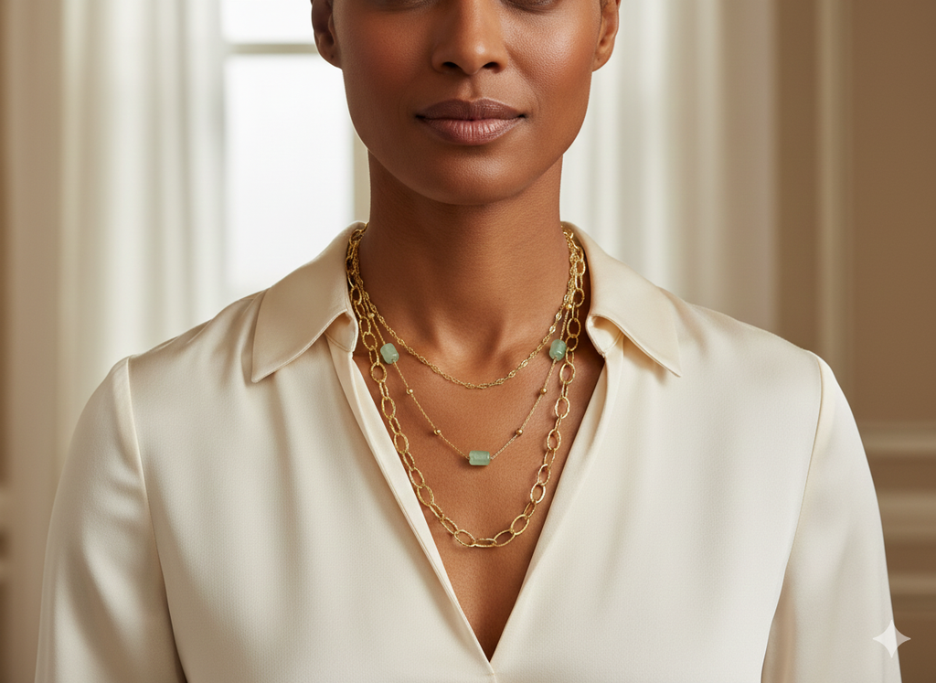 Collier triple chaîne dorée avec pierres vert pâle