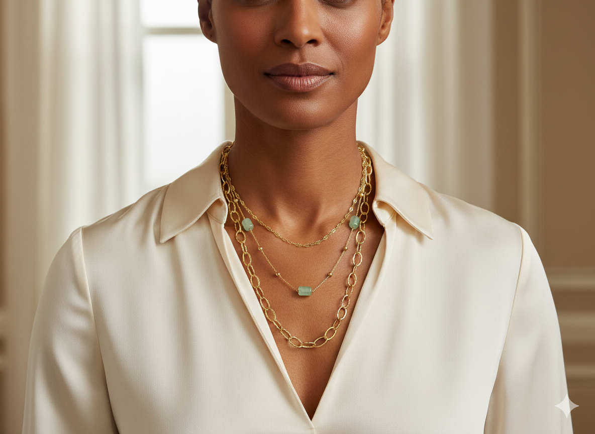 Collier triple chaîne dorée avec pierres vert pâle