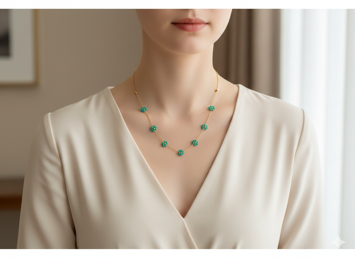 Collier Fleur d’Émeraude – Chaîne Dorée Fine