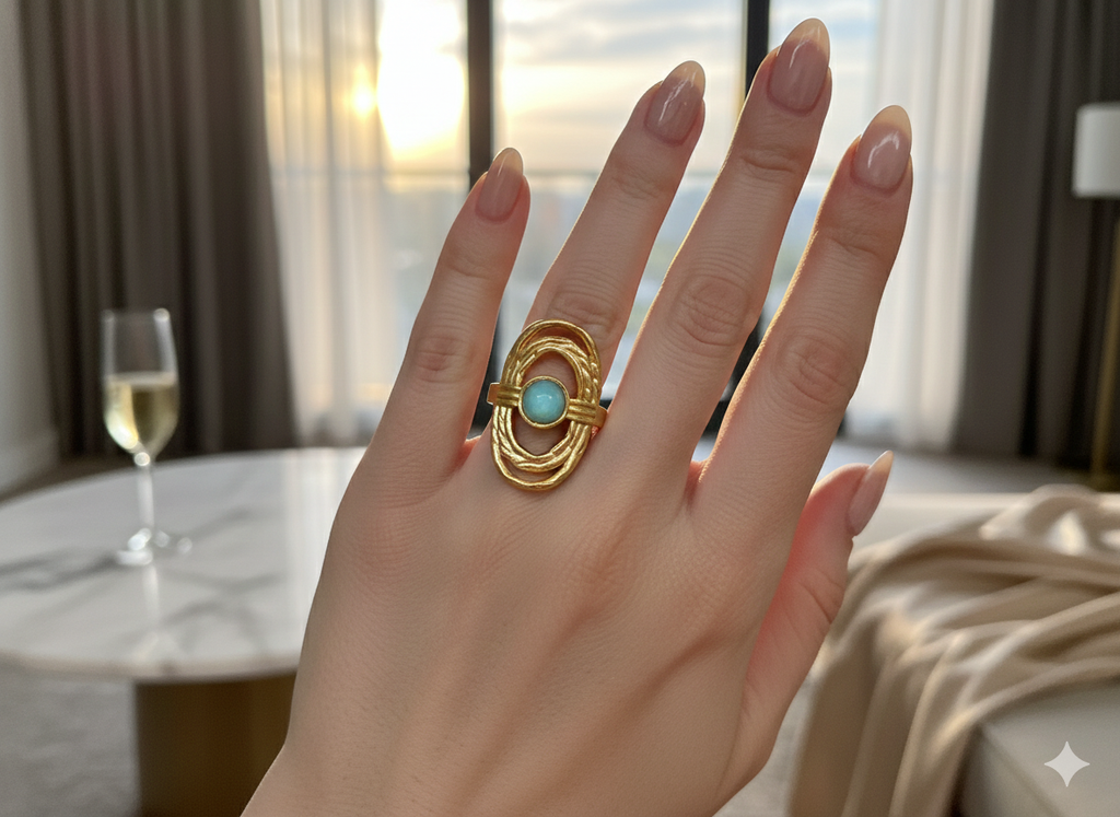 Bague dorée pierre ovale bleu-vert – Design ajouré