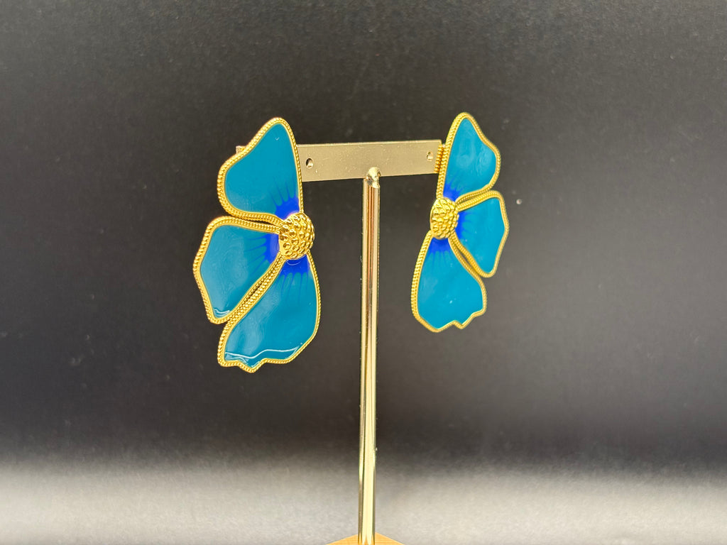 Boucles d’oreilles Fleur Émail Bleu & Or