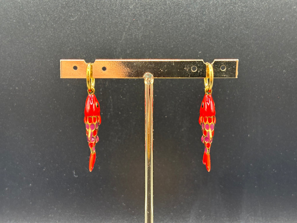 Boucles d’oreilles Poissons Émaillés Rouge Or