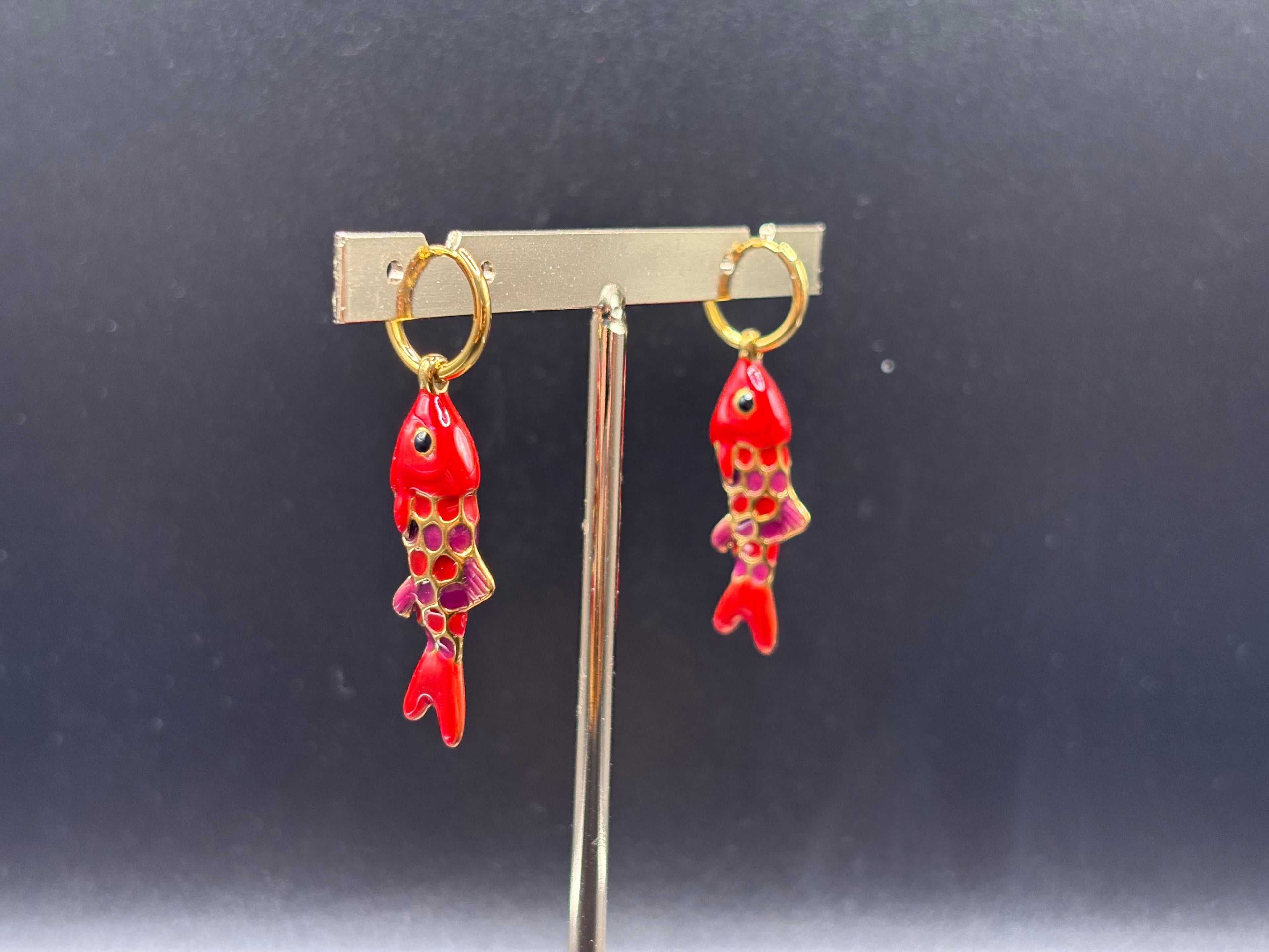 Boucles d’oreilles Poissons Émaillés Rouge Or