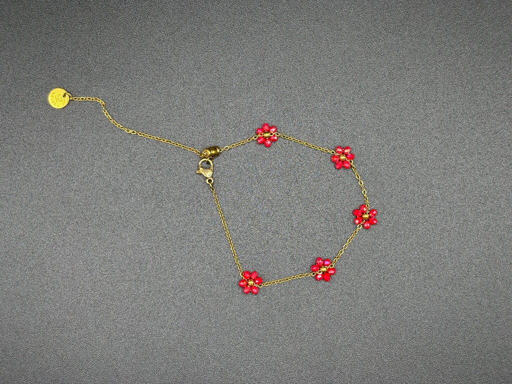 Bracelet de cheville Fleur Rouge – Chaîne dorée délicate