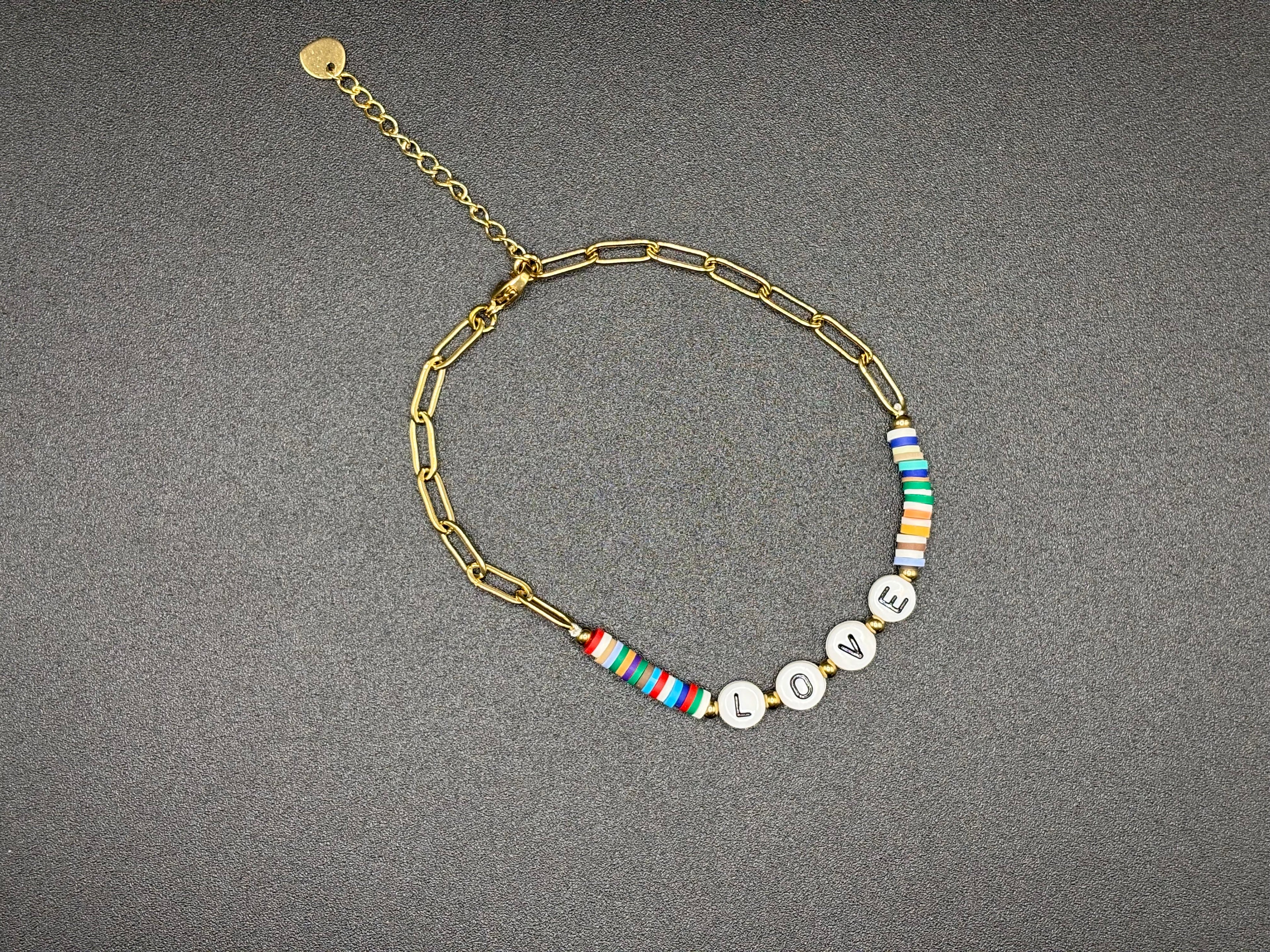 Bracelet de cheville LOVE multicolore en acier inoxydable doré